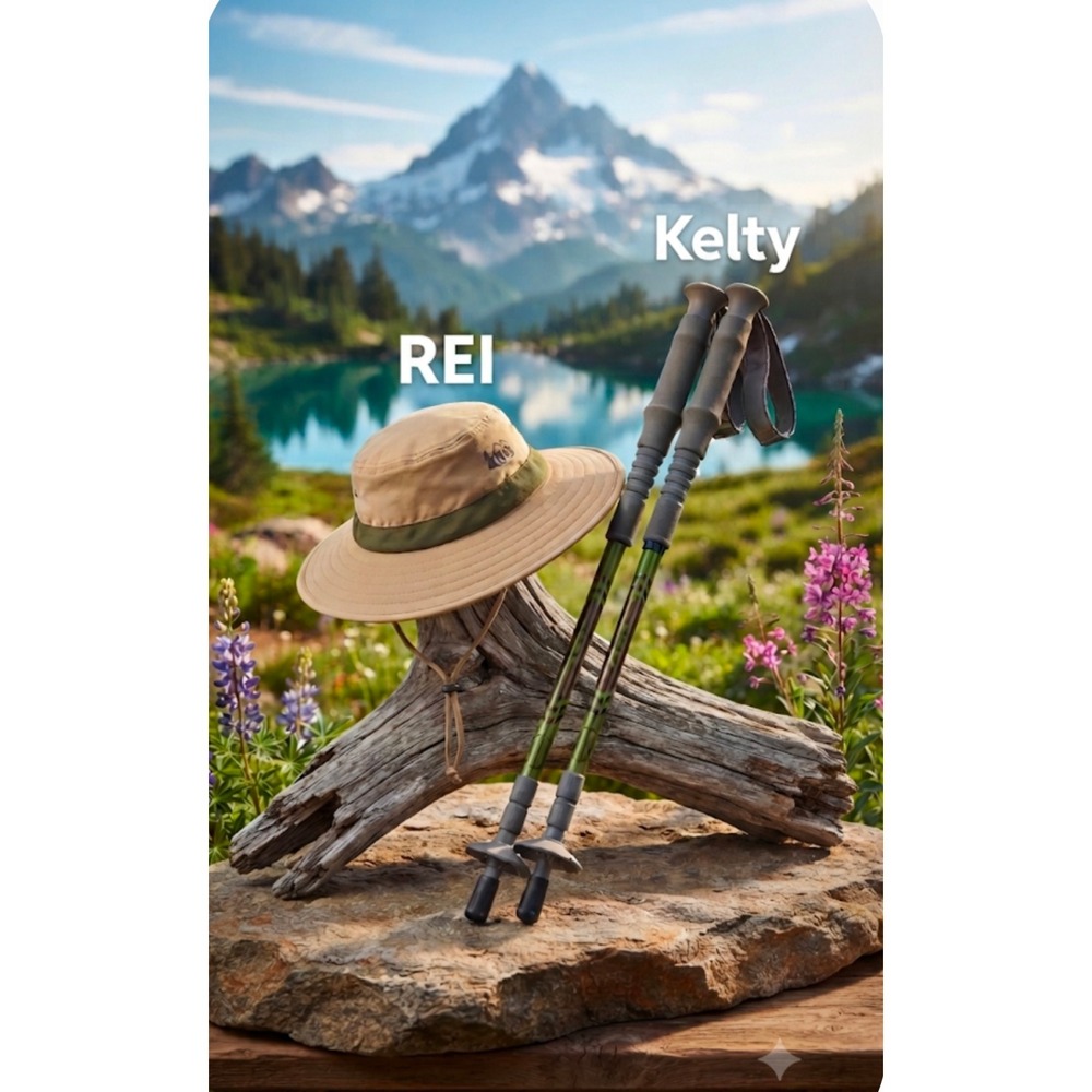 REI Sun Hat and Kelty Adjustable Trekking Poles Hiking Gear Set Tan Green